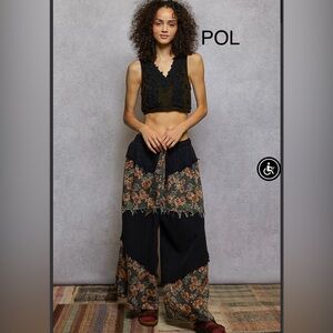 BPB219-1🖤🤎POL pizzazz in  Black+Floral Layered denim w/wide legs-gr8 office2out